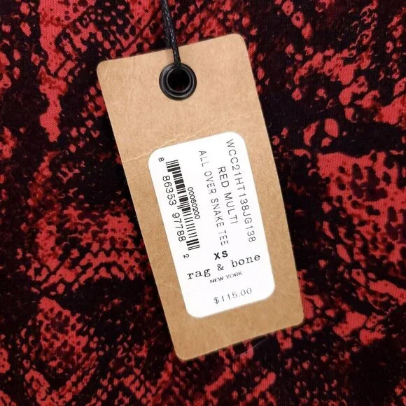 Rag & Bone Tshirt All Over Snake Print Red Organic Cotton Size XS Short Sleeve - Picture 4 of 12